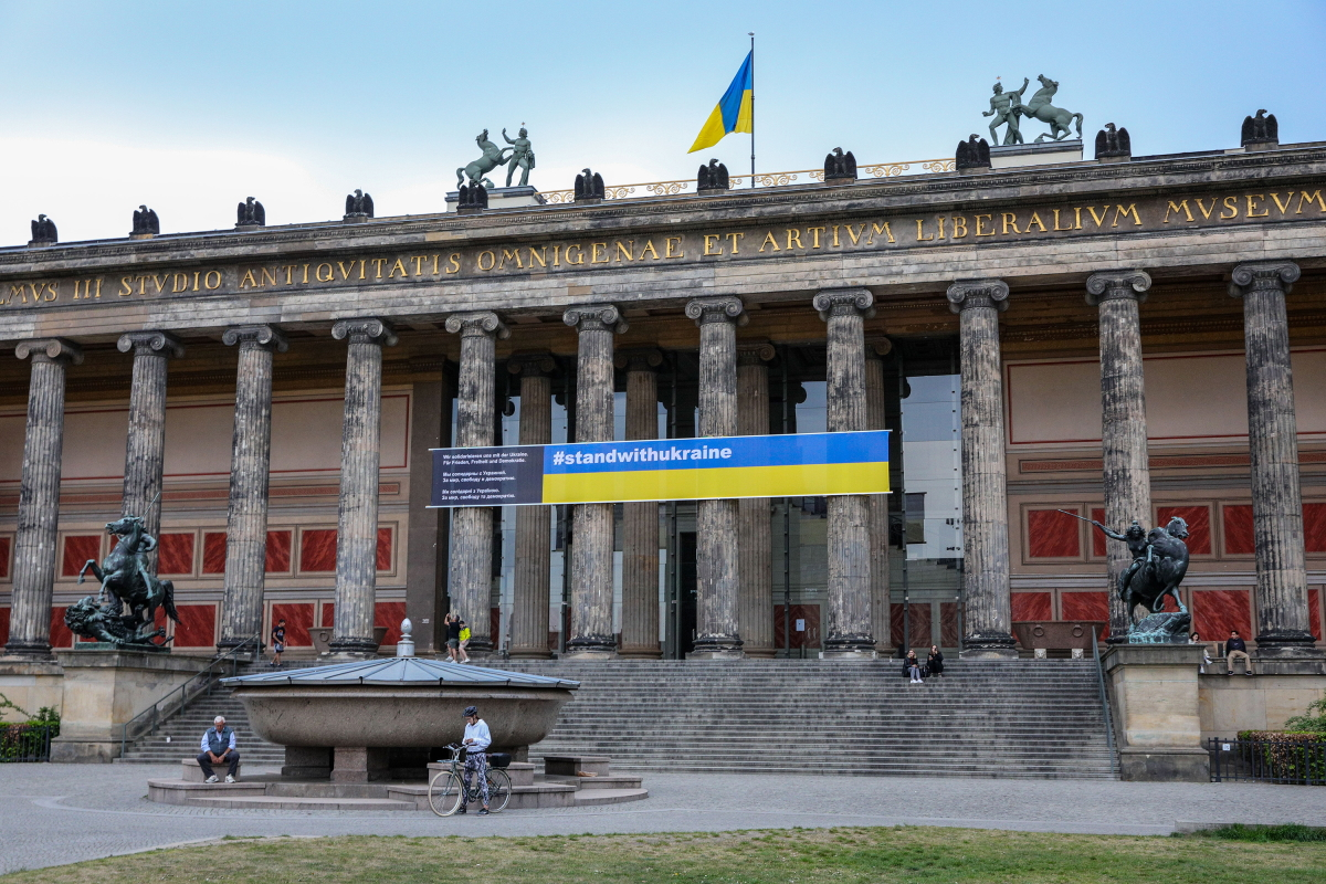 A banner expressing solidarity with Ukraine hangs over the main entrance to the Altes Museum on May 4, 2022, in Berlin.