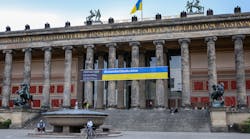 A banner expressing solidarity with Ukraine hangs over the main entrance to the Altes Museum on May 4, 2022, in Berlin. A banner expressing solidarity with Ukraine hangs over the main entrance to the Altes Museum on May 4, 2022, in Berlin.