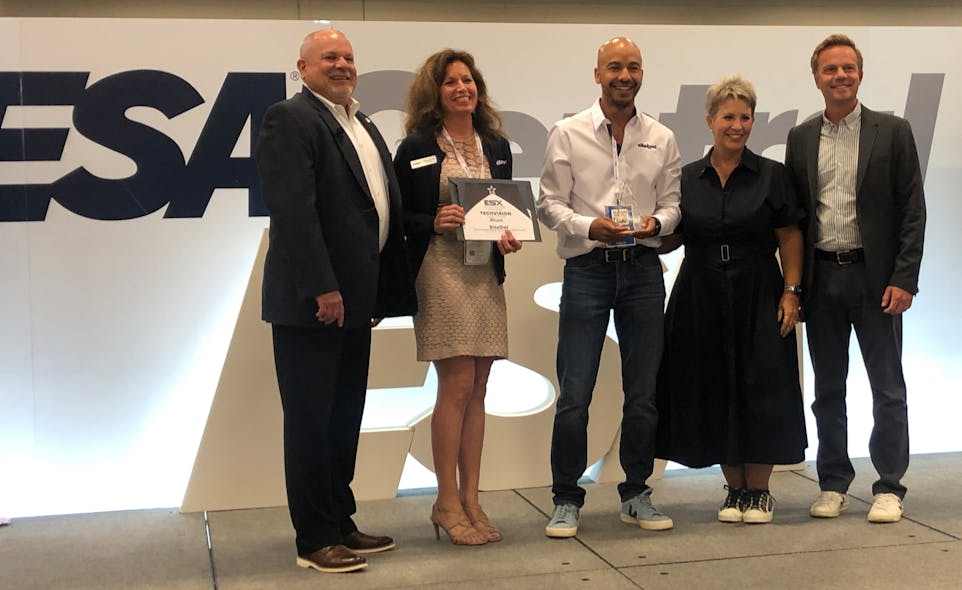 SiteOwl software was named Best in Show at the ESX 2022 TechVision Challenge. (L-R): Steve Firestone (judge); Stephanie Mayes, VP Sales for SiteOwl; Joseph Ndesandjo, CEO of SiteOwl; and judges Dee Ann Harn and Mark Reimer.