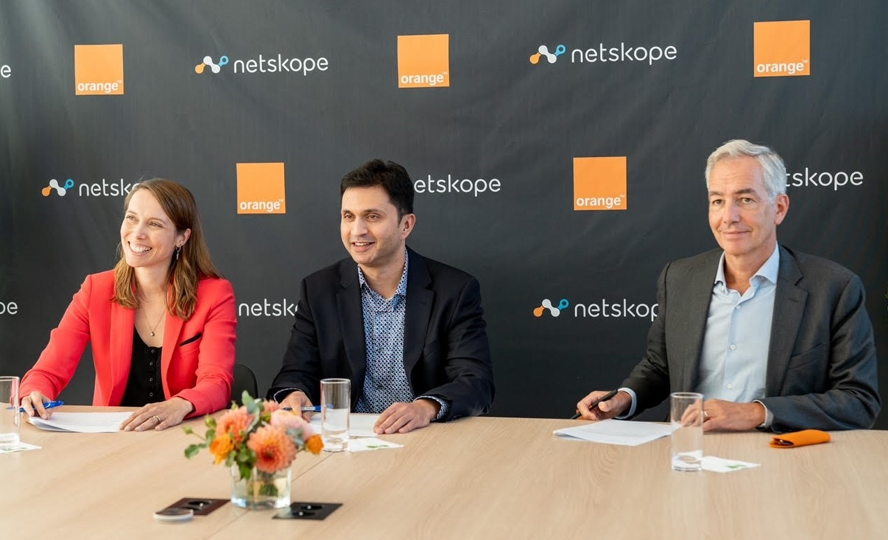 (Left to right) Aliette Mousnier-Lompr&eacute;, CEO, Orange Business Services; Sanjay Beri, CEO, Netskope; and Hugues Foulon, CEO, Orange Cyberdefense.