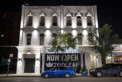 Lights illuminate the exterior of Zen Leaf cannabis dispensary, 222 S. Halsted St., in Chicago&apos;s Greektown neighborhood on July 27, 2021. (Armando L. Sanchez/Chicago Tribune/TNS)