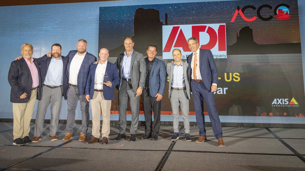 From left to right: Larry Newman, Sr. Director Sales, Axis; Russell Hough, National Distribution Account Manager, Axis; Nick Terry, Area Sales Manager, ADI; John Sullivan, SVP, Strategic Accounts, ADI; Rob Aarnes, President, ADI; Greg Carter, National Account Manager, ADI; Garrett Savage, Director Category Management U.S., ADI; Fredrik Nilsson, VP, Americas, Axis.