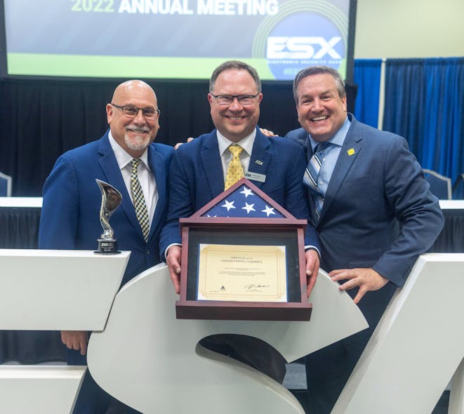 John Loud, right, with Kirk MacDowell and outgoing ESA Chairman Jamie Vos during the ESA Board Meeting at ESX.