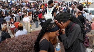 High School students were evacuated to the Schunks parking lot from the Central Visual &amp; Performing Arts High School after a reported shooting at the school in south St. Louis on Monday, Oct. 24, 2022.