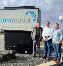 Rob Dobler and Bruce Kopperud of ComTronix pictured with Eric Garner, who leads Pye-Barker&rsquo;s alarm division.