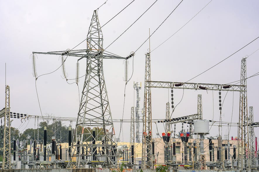 Photo of a high-voltage power transformer substation.