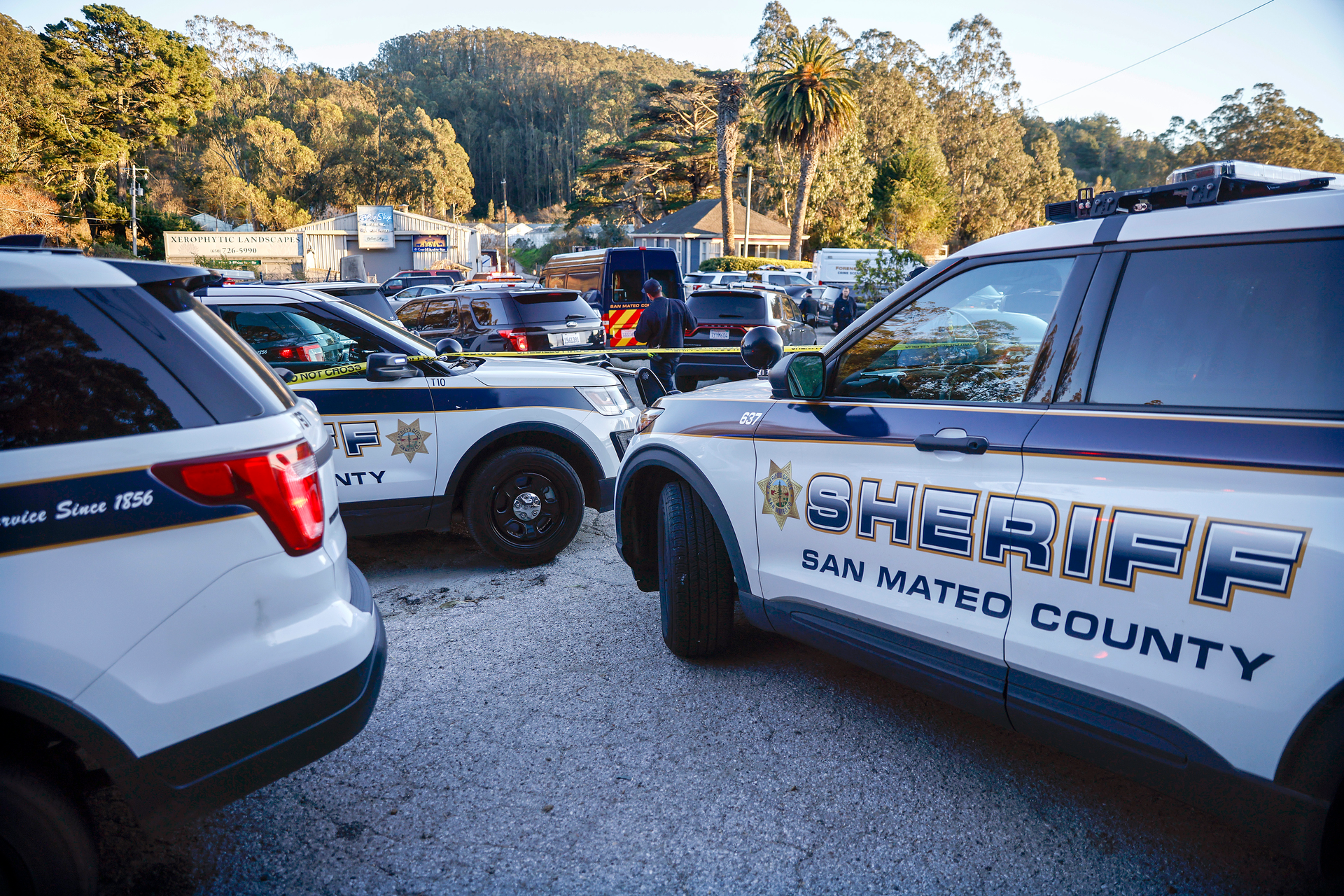 Law enforcement, including the San Mateo County Sheriff&rsquo;s department, investigate a shooting off of Highway 92 in Half Moon Bay, Calif., on Monday, Jan. 23, 2023. (Nhat V. Meyer/Bay Area News Group)
