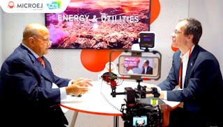 Expert technologist Steve Surfaro chats with Dr. Fred Rivard, CEO and founder of MicroEJ, at CES 2023.