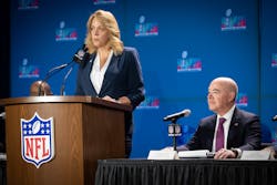 Cathy Lanier, chief security officer for the National Football League (left) and Alejandro Mayorkas, Homeland Security secretary, take media questions from the media about security measures for Super Bowl LVII on Feb. 6.