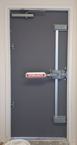 Securitech Trident MD20 5-point deadbolt exit locks on rear exterior doors.