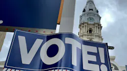 An Election Day sign near City Hall on Nov. 6, 2022, in Philadelphia.