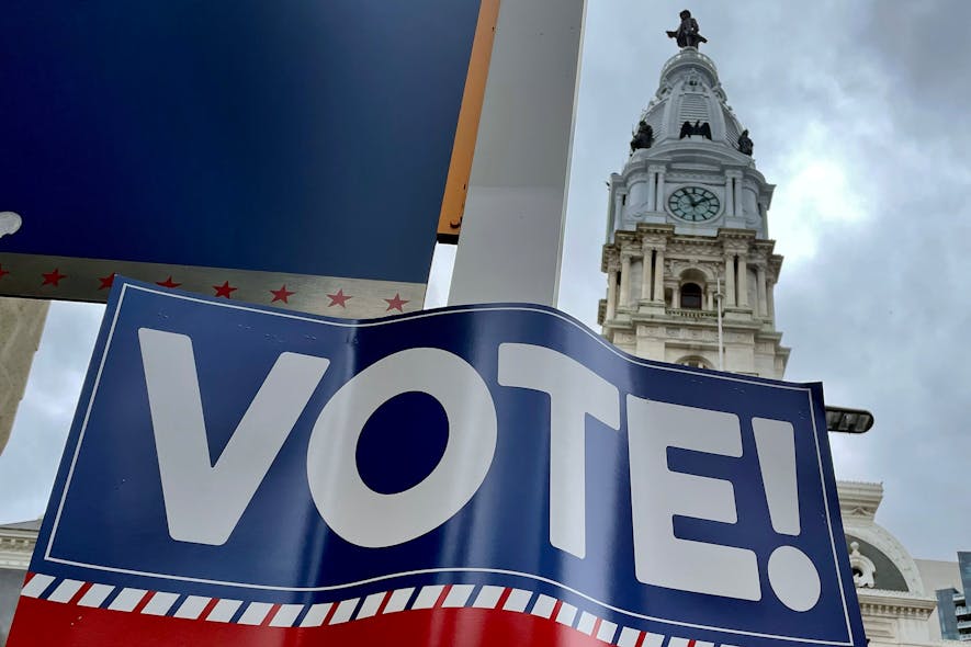 An Election Day sign near City Hall on Nov. 6, 2022, in Philadelphia.