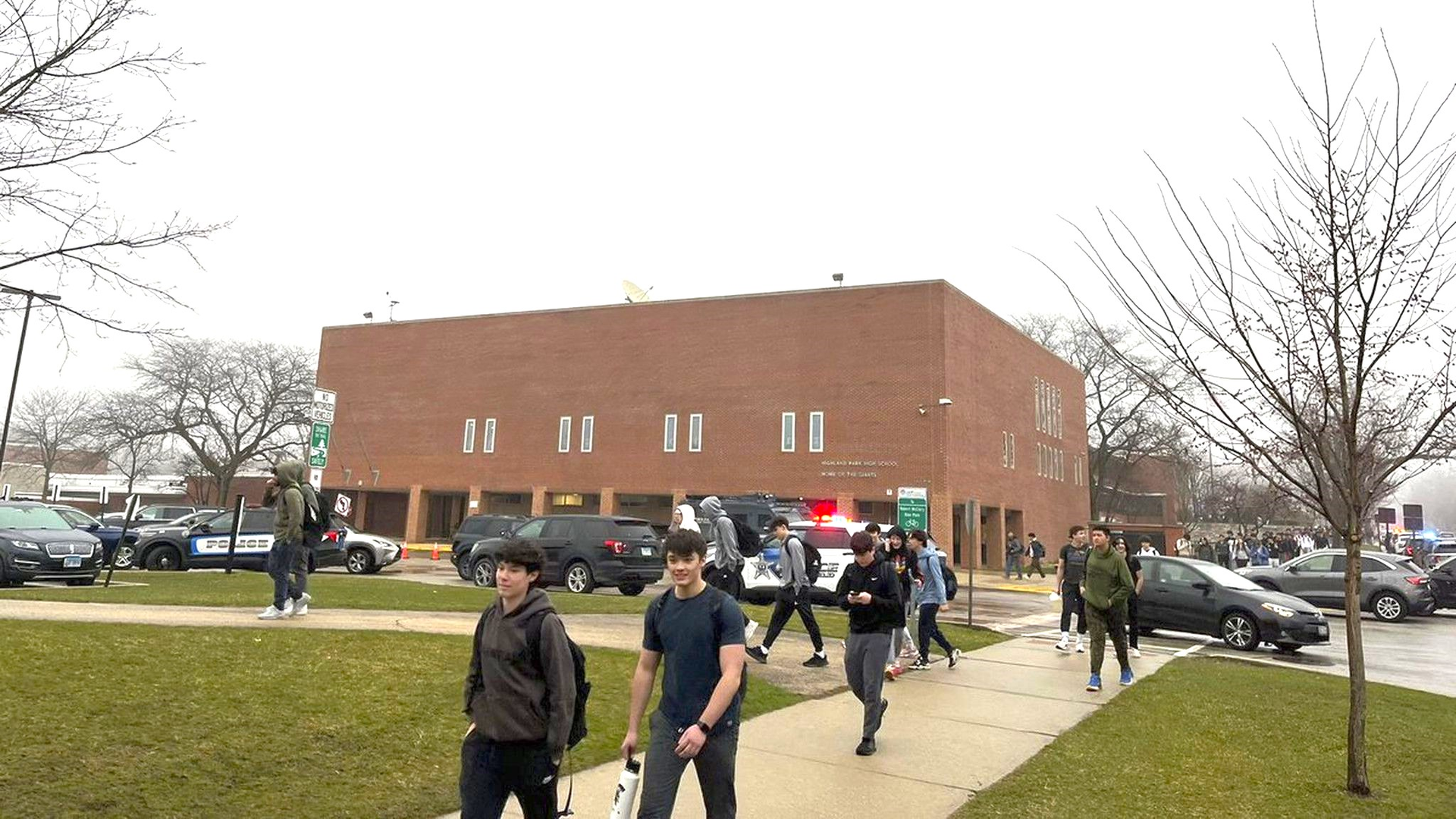 The scene outside Highland Park High School after it was put on lockdown in connection with reports of a student with a gun on April 4, 2023.
