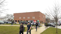 The scene outside Highland Park High School after it was put on lockdown in connection with reports of a student with a gun on April 4, 2023.