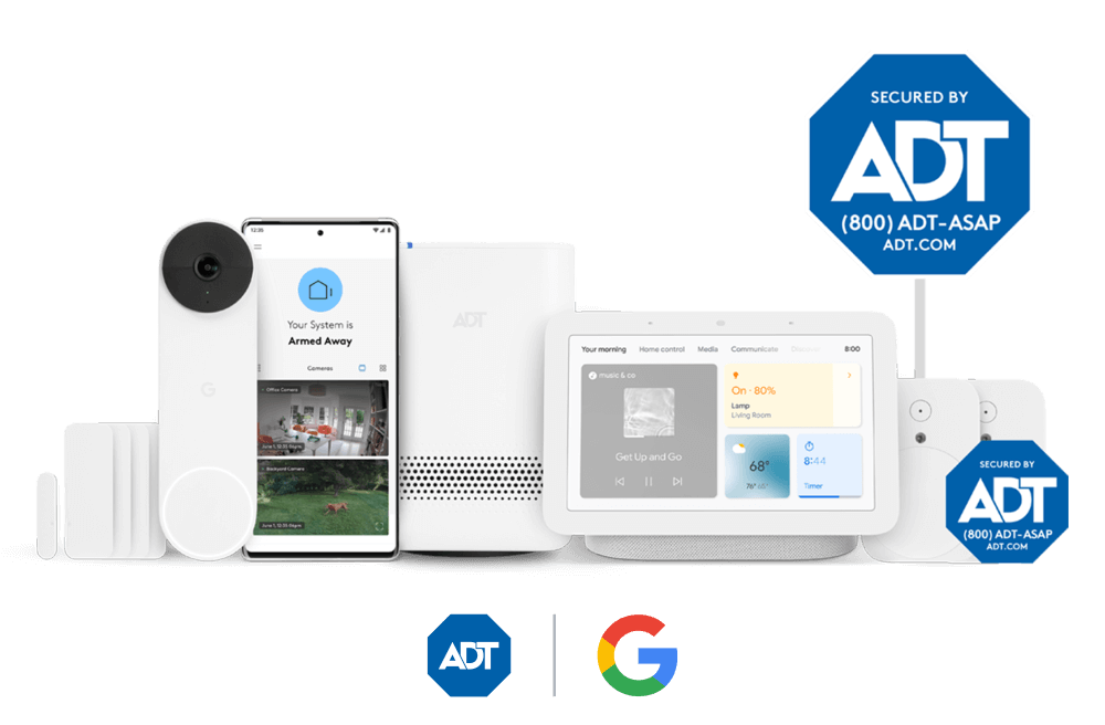 ADT's Premium self-startup package includes a smart home hub, Google Nest Hub (2nd gen), Google Nest doorbell, door/window sensors, motion sensors, the ADT + mobile app, and yard signs and window stickers.