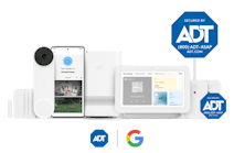 ADT&apos;s Premium self-startup package includes a smart home hub, Google Nest Hub (2nd gen), Google Nest doorbell, door/window sensors, motion sensors, the ADT + mobile app, and yard signs and window stickers.