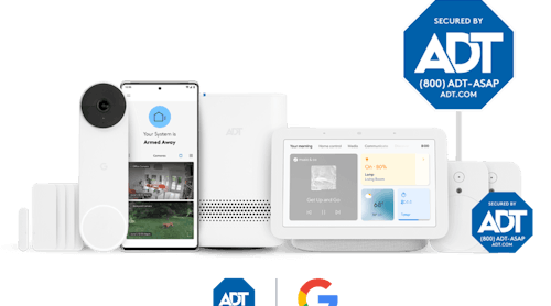 ADT&apos;s Premium self-startup package includes a smart home hub, Google Nest Hub (2nd gen), Google Nest doorbell, door/window sensors, motion sensors, the ADT + mobile app, and yard signs and window stickers.