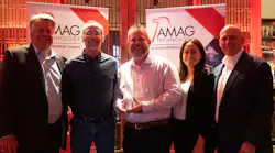AMAG Technology President, David Sullivan, (left) presents an Eagle Award to Automation Integrated for Top Reseller in the Central South. Next to Sullivan in order are Automation Integrated Director of Engineering, Ron Free and Regional Account Executive, Travis Baird, AMAG Technology Regional Sales Manager, Jessika Westerman and Director of Sales, Fred Nelson.
