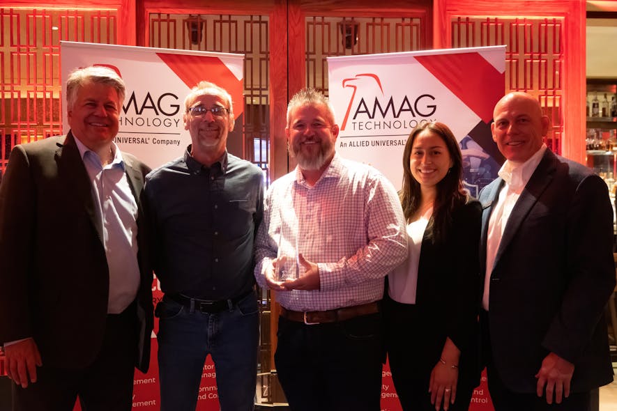 AMAG Technology President, David Sullivan, (left) presents an Eagle Award to Automation Integrated for Top Reseller in the Central South. Next to Sullivan in order are Automation Integrated Director of Engineering, Ron Free and Regional Account Executive, Travis Baird, AMAG Technology Regional Sales Manager, Jessika Westerman and Director of Sales, Fred Nelson.