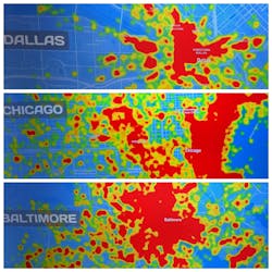 Dedrone provides color-coded heat maps of cities where hardware-free software as a service is available.