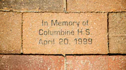 A brick in a sidewalk in Denver in memory of the Columbine High School shooting in April 1999.