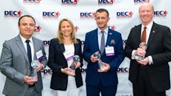 Left to right: Daniel Marino of ISS, Diane Levy of Undercover Snacks, Gokhan Alkanat of Rowan University, and Bill Killeen of Acrow Bridge, pose for a photo at the inaugural New Jersey International Trade Awards. Left to right: Daniel Marino of ISS, Diane Levy of Undercover Snacks, Gokhan Alkanat of Rowan University, and Bill Killeen of Acrow Bridge, pose for a photo at the inaugural New Jersey International Trade Awards.
