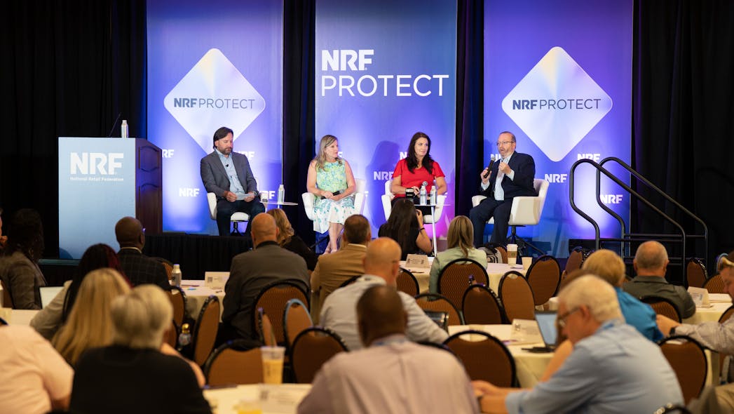 ◀ During a panel at NRF Protect, Jason Straczewski (far left) of NRF joined Angela Marshall Hofmann and Liz Burkholder of JCPenney and the NRF&rsquo;s Jon Gold to discuss ORC prevention through legislative initiatives.