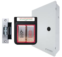 Restroom control kits should provide a complete solution that includes &lsquo;Push/Wave to Open&rsquo; and &lsquo;Push/Wave to Lock&rsquo; activation switches, a 2 Amp. power supply and controller in a small metal cabinet, &lsquo;universal&rsquo; electric strike, and door contacts.