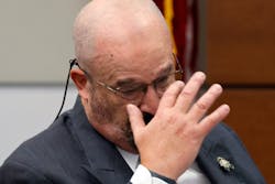 Broward Sheriff&apos;s Office Detective John Curcio becomes emotional while testifying during the trial of former Marjory Stoneman Douglas High School School Resource Officer Scot Peterson at the Broward County Courthouse in Fort Lauderdale on Wednesday, June 21, 2023. Broward County prosecutors charged Peterson, a former Broward Sheriff&iacute;s Office deputy, with criminal charges for failing to enter the 1200 Building at the school and confront the shooter as he perpetuated the Valentine&iacute;s Day 2018 Massacre that left 17 dead and 17 injured.
