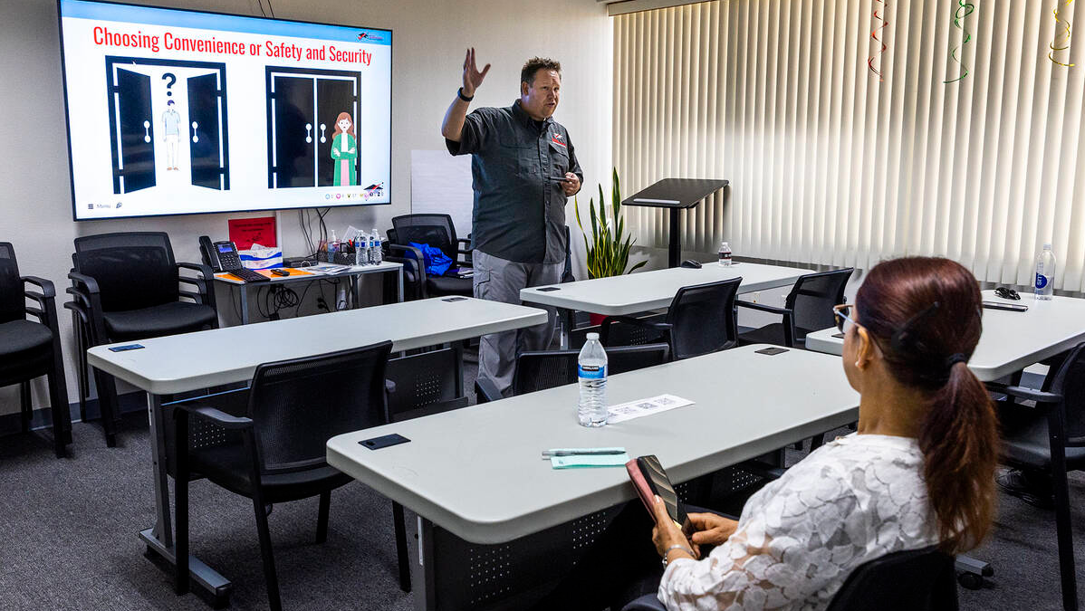 Andrew Roszak with the Institute for Childhood Preparedness conducts active shooter preparedness training for early childhood professionals at the Children's Cabinet Training Center on Saturday, July 15, 2023, in Las Vegas.