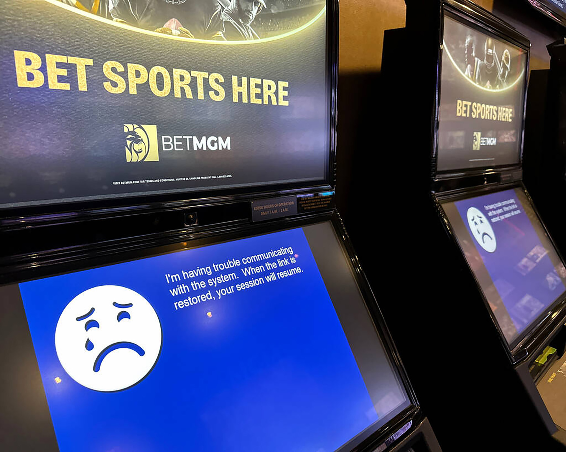 Betting kiosks at the sportsbook at MGM Grand in Las Vegas on Sept. 12, 2023. MGM Resorts International properties had a cybersecurity issue that thwarted credit card transactions and affected computerized systems.