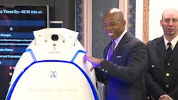 New York City Mayor Eric Adams poses with NYPD's newest crime fighter - the Knightscope K5. New York City Mayor Eric Adams poses with NYPD's newest crime fighter - the Knightscope K5.