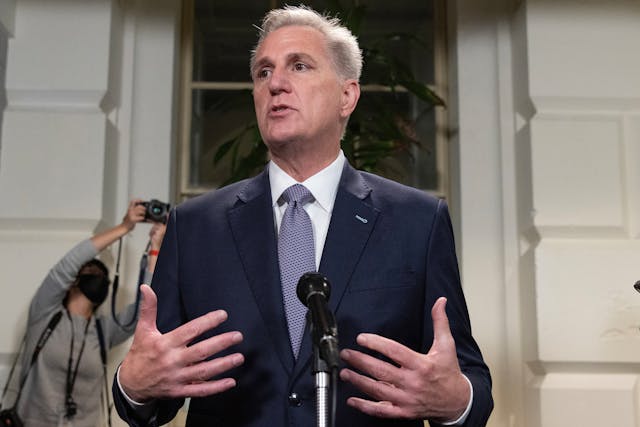 Speaker of the House Kevin McCarthy speaks to members of the news media following a meeting of the House Republican Conference on Capitol Hill in Washington, D.C., on Saturday, Sept. 30, 2023.