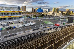 Turn One is painted on the track below the Sky Box adjacent to the Formula One Las Vegas Grand Prix pit building as construction continues during a media tour of before race week on Tuesday, Nov. 7, 2023, in Las Vegas. Turn One is painted on the track below the Sky Box adjacent to the Formula One Las Vegas Grand Prix pit building as construction continues during a media tour of before race week on Tuesday, Nov. 7, 2023, in Las Vegas.