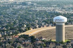 The North Texas Municipal Water District, which supplies water to fast-growing suburbs in Collin County, including Plano, is the latest target of a ransomware attack. Pictured is an aerial view of a Plano water tower on Windhaven Parkway near Parkwood Boulevard and Spring Creek Parkway in Plano.