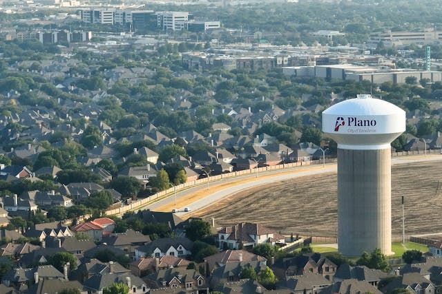 The North Texas Municipal Water District, which supplies water to fast-growing suburbs in Collin County, including Plano, is the latest target of a ransomware attack. Pictured is an aerial view of a Plano water tower on Windhaven Parkway near Parkwood Boulevard and Spring Creek Parkway in Plano.