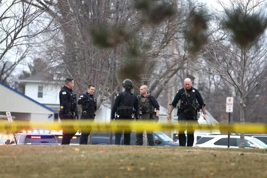 Police respond to a school shooting at the Perry Middle School and High School complex on Jan. 4, 2024, in Perry, Iowa. Students were returning to classes Thursday following the holiday break.
