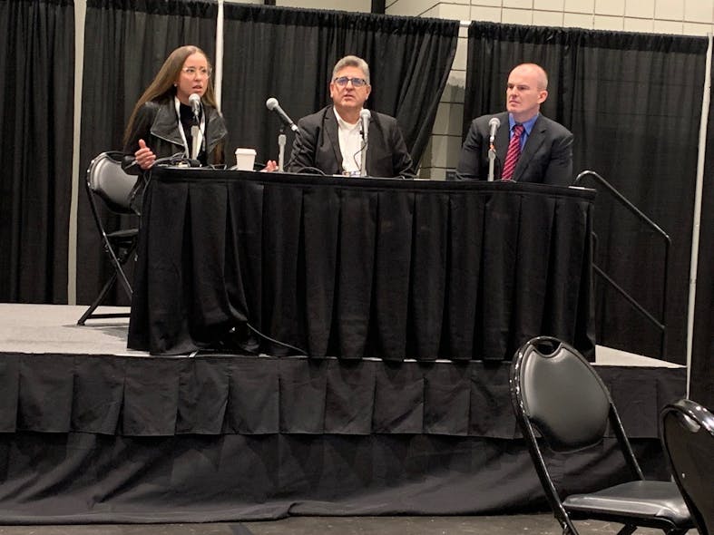 Cannabis security panelists Sarah Trent, Founder and CEO, Valley Wellness NJ; Tony Gallo, Managing Partner, Sapphire Risk Advisory Group share thoughts with SIA&apos;s Ron Hawkins, who was the moderator for this ISC East event.