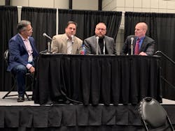 Cannabis Security panelists Ron Smalley, Founder and CEO, Mantis Cannabis, LLC; Scott Thomas, National Director of Sales for Gaming &amp; Hospitality, Genetec; and Tim Sutton, Senior Security Consultant, Guidepost Solutions LLC with Hawkins.