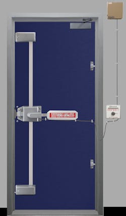 A Trident multi-point exit lock with alarm on a doorframe. A Trident multi-point exit lock with alarm on a doorframe.