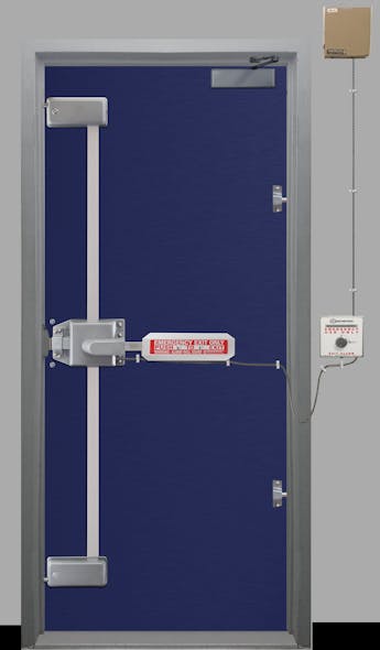 A Trident multi-point exit lock with alarm on a doorframe.