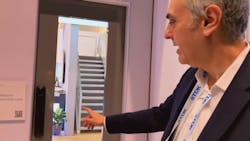 TDK&rsquo;s Massimo Mascotto demonstrates the company&rsquo;s ultrasonic Time of Flight (ToF) sensor integrated with a Phillips smart lock. When the sensor detects a person in its target area, the lock wakes up &ndash; keeping the lock off when not needed and saving battery life.