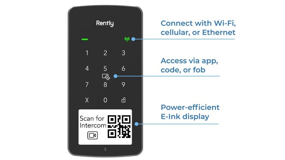 Rently's Access Panel with Intercom's innovative design combines an access control panel, a credential reader/keypad, an E-ink QR-code based intercom for one/two-way video calls and contact sensor &mdash; all-in-one for security and functionality.