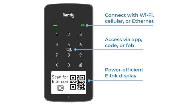 Rently's Access Panel with Intercom's innovative design combines an access control panel, a credential reader/keypad, an E-ink QR-code based intercom for one/two-way video calls and contact sensor — all-in-one for security and functionality.