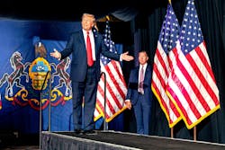 Former President Donald Trump arrives onstage at the Pennsylvania Farm Show Complex in Harrisburg, July 31, 2024. Former President Donald Trump arrives onstage at the Pennsylvania Farm Show Complex in Harrisburg, July 31, 2024.