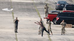 Soldiers and MITRE personnel conduct the initial testing of the CARPE Dronvm smartphone app during the launch of the testing drone. U.S. Army Central tested CARPE Dronvm at McEntire Joint National Guard Base and Poinsett Weapons Range, S.C., on July 18, 2023. Soldiers and MITRE personnel conduct the initial testing of the CARPE Dronvm smartphone app during the launch of the testing drone. U.S. Army Central tested CARPE Dronvm at McEntire Joint National Guard Base and Poinsett Weapons Range, S.C., on July 18, 2023.