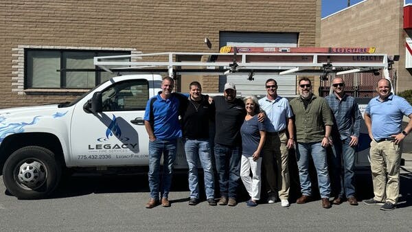 From left to right: Mike Glover, Legacy Fire Services Co-owner; Ray Wright, Pye-Barker; Billy and Debby Walker, Legacy Co-owners; Rod DiBona, Ben Brooks, Kyle Watson, and Justin Merrick, all from Pye-Barker.
