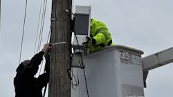 Fenton's new technology, including Eagle Eye 911 Camera Sharing, was housed in a rugged, weatherproof cabinet and mounted on a telephone pole with two cameras. Fenton's new technology, including Eagle Eye 911 Camera Sharing, was housed in a rugged, weatherproof cabinet and mounted on a telephone pole with two cameras.