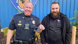 Lakeland Police Capt. Ron Bowling, Jr. (left) displays a firearm holster bracket designed and fabricated by Mike Kalman (right), mechanical engineering fabrication specialist at Florida Polytechnic University, and mechanical engineering graduate Matthew DeCicco ’24. The patent-pending design helps trigger an officer’s body camera when it detects that a firearm has been removed from its holster. Lakeland Police Capt. Ron Bowling, Jr. (left) displays a firearm holster bracket designed and fabricated by Mike Kalman (right), mechanical engineering fabrication specialist at Florida Polytechnic University, and mechanical engineering graduate Matthew DeCicco ’24. The patent-pending design helps trigger an officer’s body camera when it detects that a firearm has been removed from its holster.