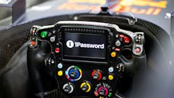 In a Team first, 1Password branding will be shown on the steering wheel screen of both Max and Liam’s RB21 challengers. In a Team first, 1Password branding will be shown on the steering wheel screen of both Max and Liam’s RB21 challengers.